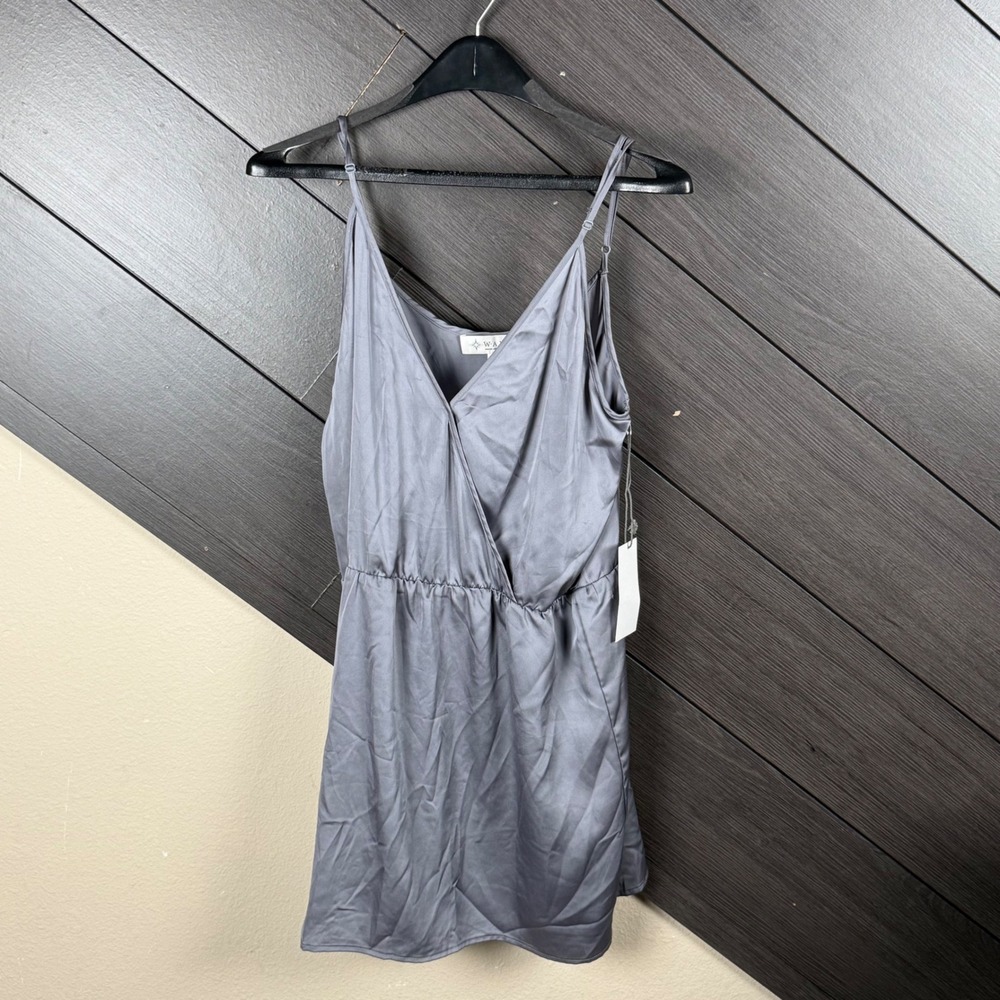 WAYF Women's Satin Wrap Mini Dress Large Gray Surplice Spaghetti Strap NWT